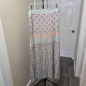 Apostrophe Multicolor Boho Bead Tassell Hem Patterned Maxi Skirt